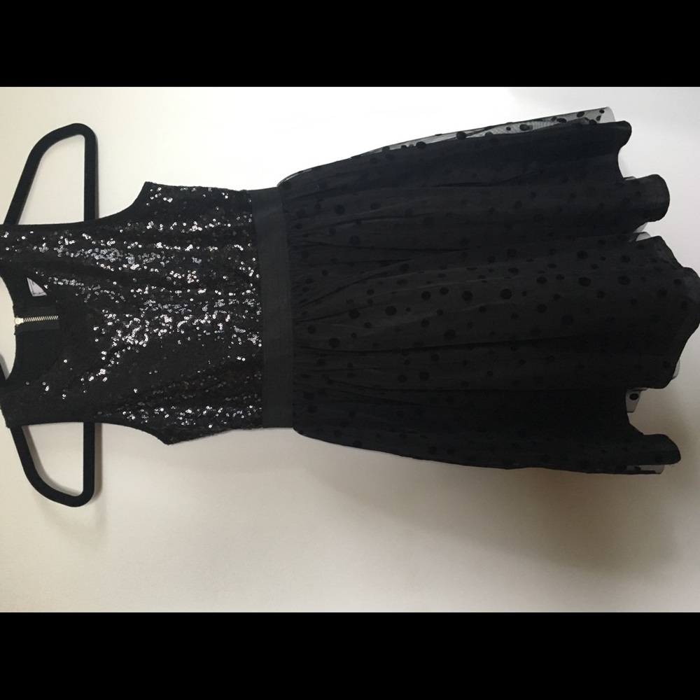 Black belted sequin and (subtle) polka dot dress